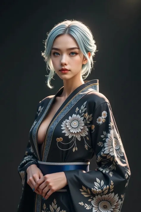 Japanese and Western style mixed black, gold, blue and white kimono