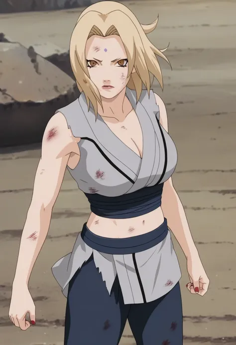  score_9,  score_8_  up,  score_7_  up,
ツ,   1 girl, Alone, Tsunade  ( Naruto), (  cleavage),  blonde,   Lost Tales, Mark on the forehead,   brown eyes,   big breasted  , Grey kimono,   sleeveless kimono ,  shoulder out,   nail polish  , Red nails,  navy b...