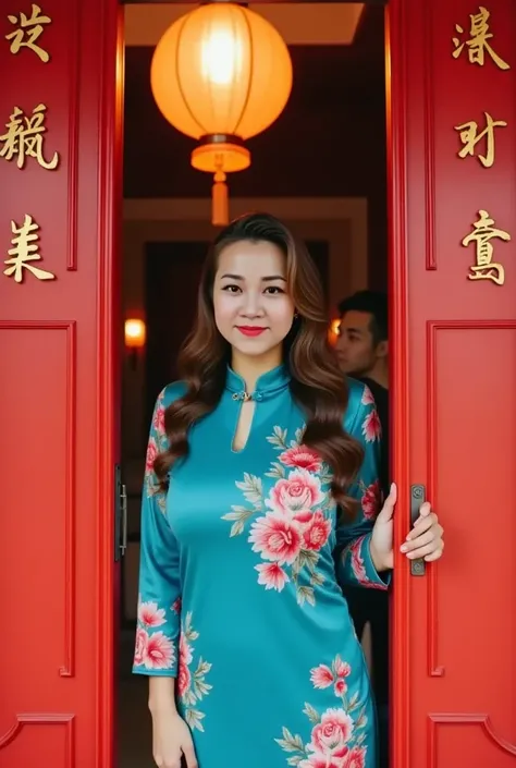 benjamas, Thai cute woman, A beautiful asian women, cute chubby face, huge beasted, droopies breasts,Realistic:1.37, 8K UHD, Fujifilm XT3, full body shot, A Thai woman with long flowing brunette hair, 
Asian woman, 40s-45s,  wearing a teal-colored qipao dr...