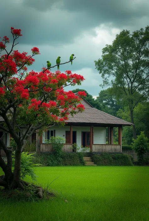 A serene rural house surrounded by lush greenery, with a vibrant red flowering tree nearby. Two green parrots are perched on one of the branches of the tree. The environment is calm and fresh, with dark clouds suggesting imminent rainfall. The scene captur...