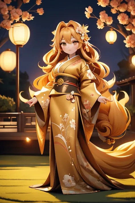 "4K anime style quality, digital drawing mode, a serene and majestic kitsune woman with long golden hair cascading like silk, warm golden eyes, and nine flowing fox tails shimmering in golden hues, wearing a traditional yet luxurious white and gold kimono ...