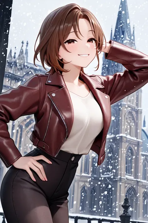 sweet girl, cunning eyes, smile,  brown hair , burgundy leather jacket , snowstorm all around and the Cathedral in the back