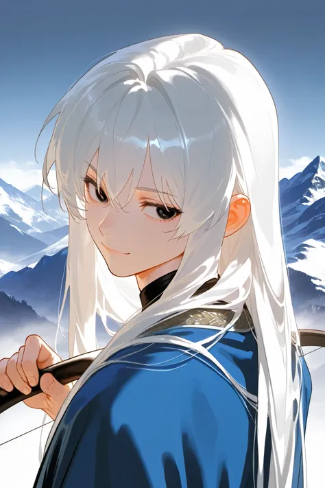 best quality, masterpiece,highest resolution,mountain background, 1male, white hair, long hair, black eyes, blue robe, small smile, holding bow, look back, portrait,perfect eyes