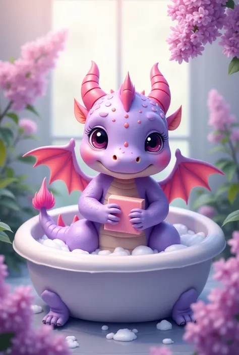 Lilac Kawai-style dragon bathing with soap