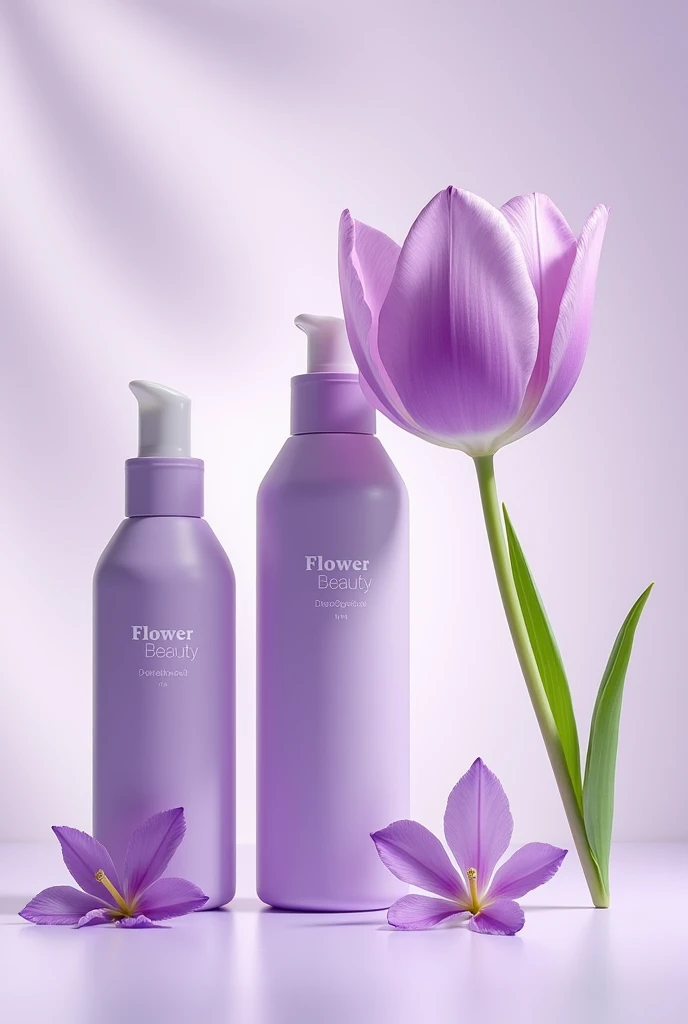 Images of dermatological products with a lilac logo and with the lilac tulip flower with the company name "Flower Beauty"