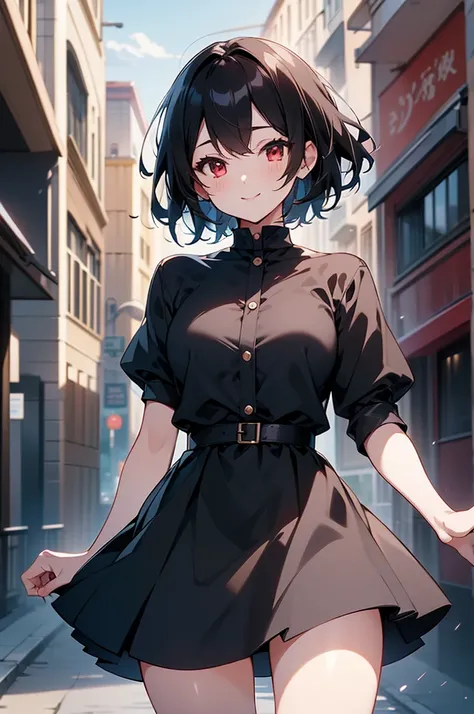 masterpiece, highest quality, highest quality, (no text), Beautiful and aesthetic:1.2),no text,anime、break,anime、break、 one woman 、dark haired woman short hair　 Slit Eyes Boyish 　　 beautiful eyes　red eyes, cool smile　Black clothing　 skirt full body outdoor