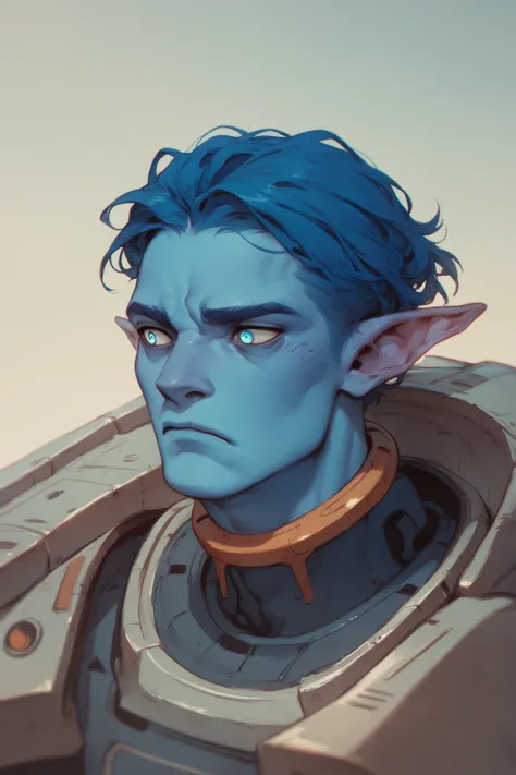 blue alien man with pointed ears, casual clothing, cluttered space ship, concerned eyes, protective and upset expression. etheral blue hair, soft blue skin male alien, dominant, army hair