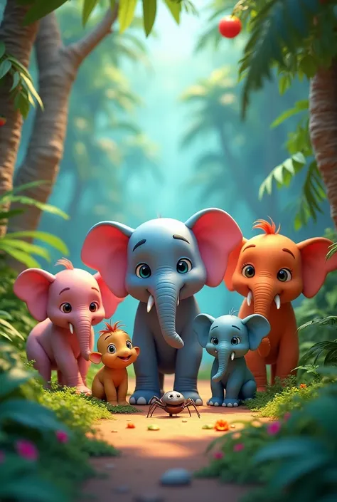 3 d ai cartoon 5 elephant and one spider in color full jungle