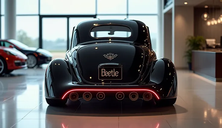 "A realistic, high-quality image of a modern sports vintage seen from the rear  view, resembling a  1954 Volkswagen beetle vintage Chevrolet . The car is black metallic with glossy paint and a sleek, aerodynamic design. It has four large, round exhaust pip...