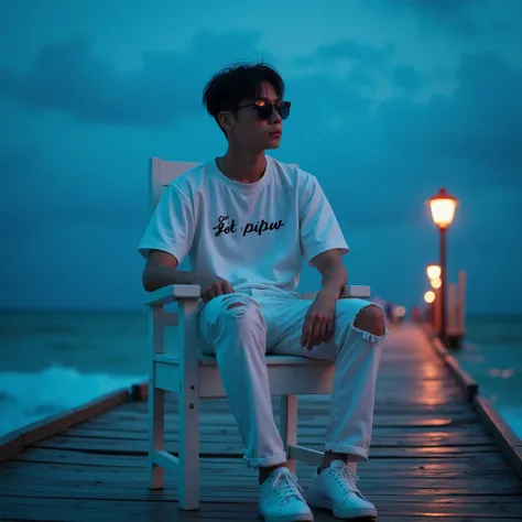 A Korean man's black hair mixed with thin thin white, wearing intense sunglasses, Short sleeved white shirt inscribed got pipiw,, on it ,  trousers torn at thigh and knee,  white shoes, man sitting in white wooden chair, pier background with blue sea cloud...