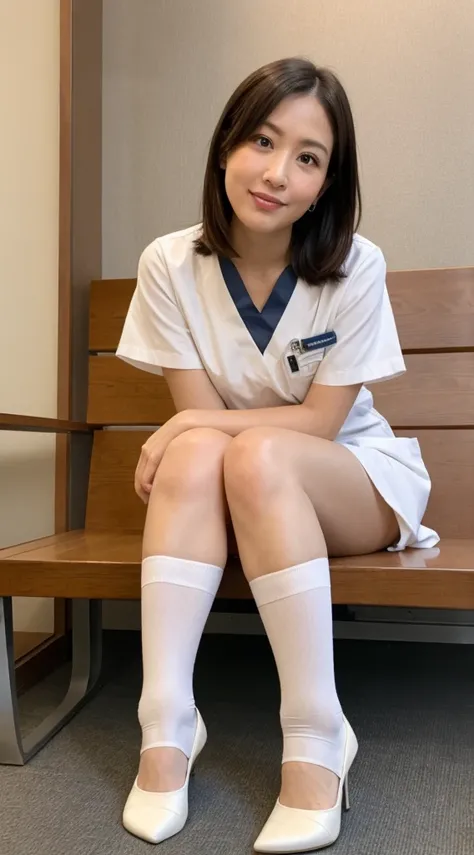 A 40year-old woman in a white  Nurse uniform sits with her legs apart,  pretend dress exposing her moeisodo .  Nurse ÉO
H15,  wears slightly dirty Nike white short socks,  black high heels 、Wearing  Nurse clothes,  Nurse,  Nurse girl, Wear short socks,  si...