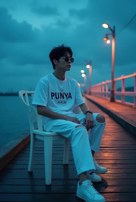 A Korean man's black hair mixed with thin thin white, wearing intense sunglasses, Short sleeved white shirt inscribed,,PUNYA pipiw,, on it ,  trousers torn at thigh and knee,  white shoes, man sitting in white wooden chair, pier background with blue sea cl...