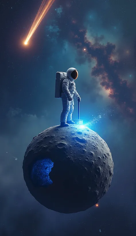 A realistic astronaut standing on a round meteorite with craters, inspired by *The Little Prince* novel. The astronaut is holding a pickaxe to extract glowing blue gems from the meteorite. The meteorite is floating in deep space, with a detailed background...