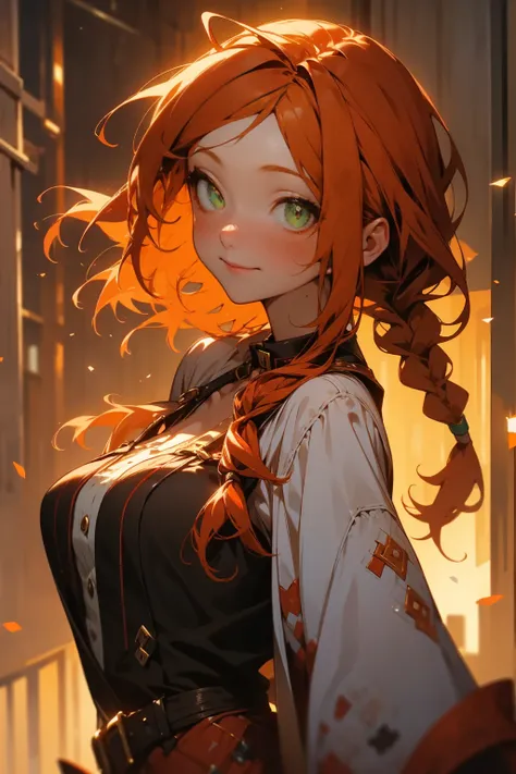 A girl, piggytail braids orange-reddish hair, green eyes, some freckles on her cheeks, smile,dynamic pose, out door, sunset, on the street ,upper half body image.