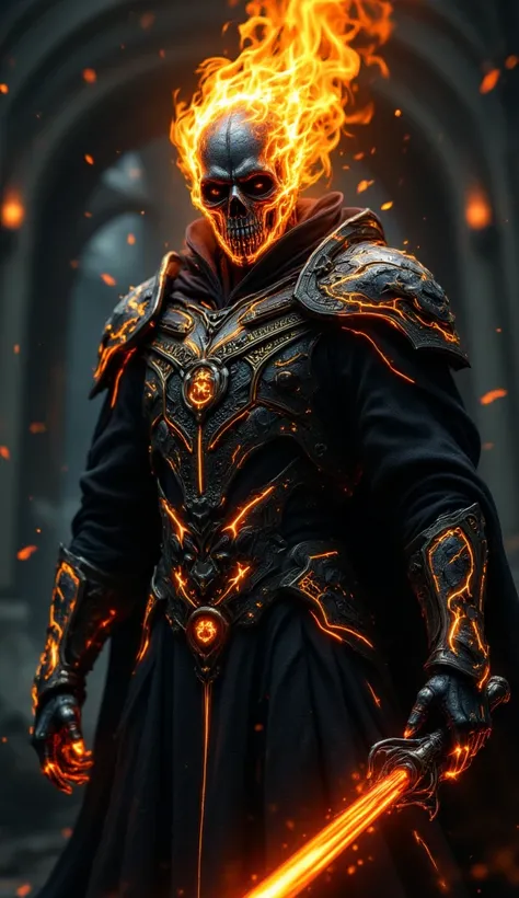 a fantasy art, head is a flaming skull, black armor with gold and fiery ornaments, burning lightsaber, highly detailed, cinematic lighting, digital art, intricate details, dramatic, dark fantasy, epic, masterpiece, cinematic, hyper realistic, 8k, (best qua...