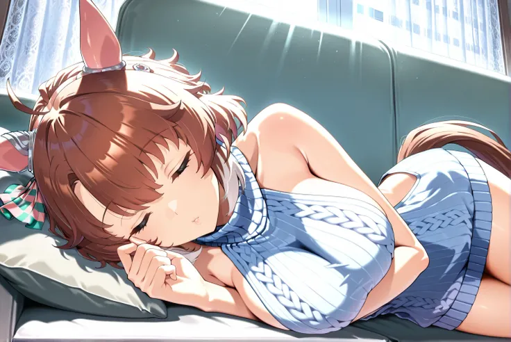 heroneisan, rating: safe, low angle, solo, cowboy shot, sleeping, kissing face, glossy lips, lying on sofa, 
1girl, (Dantsu Flame, \umamusume\), large breast, horse ear, horse tail, bare shoulders,  
virgin killer sweater, BREAK, Lace curtains swaying in t...