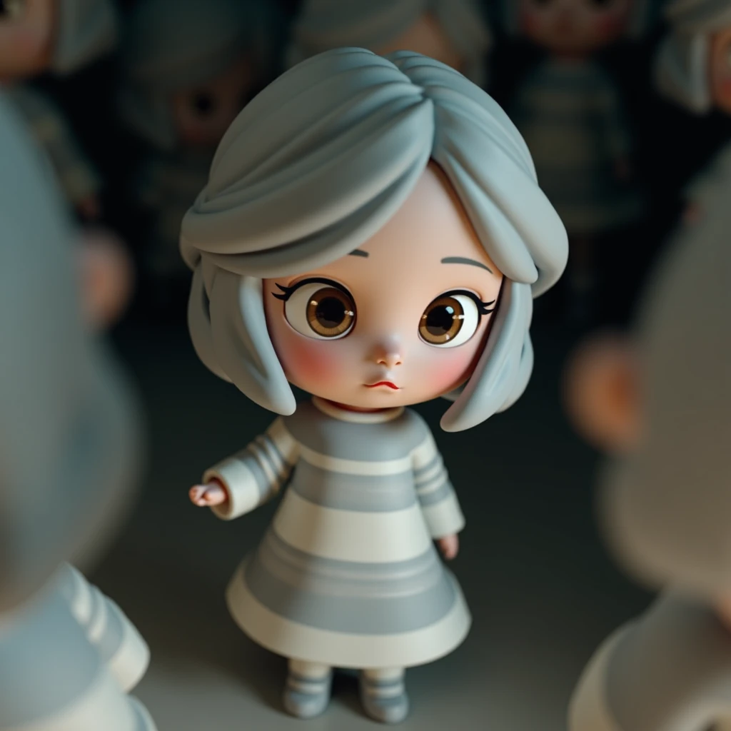 Cute chibi cartoon girl, shy and sweet expressive look and expressive pose, with light lilac short side-swept hair, pale skin, big light brown eyes, long sleeved blouse with wide white and light lilac stripes, depth of field, blanc background. Hyper realis...