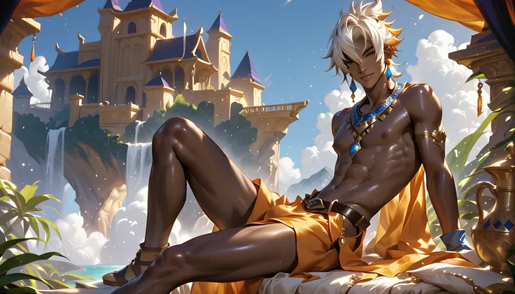 An very skinny fantasy boy aged 18 years old, wearing fantasy jewels, athletic slim body with flat abs, fantastic fantasy style blond hair, white smooth skin, he is completely naked, thin legs. he is sitting in the ancient fantasy landscape at the sunset, ...