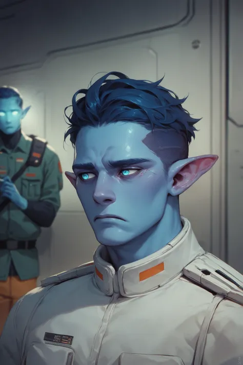 blue alien man with pointed ears, casual clothing, cluttered space ship, concerned eyes, protective and upset expression. dark blue hair, soft blue skin male alien, dominant, army hair, futuristic apartment