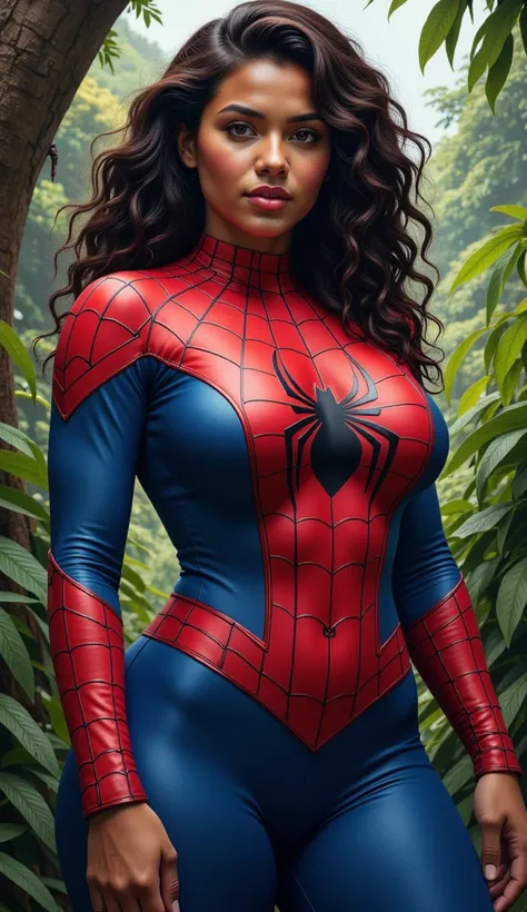 A beautiful Papua nugini woman has beautiful large and dense breasts wearing a Spiderman costume ,walking in the setting at papua