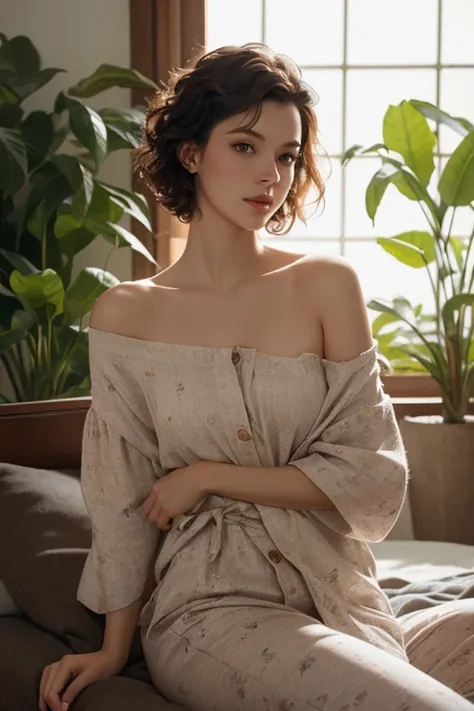 (photorealism:1.2), beautiful woman, sitting on bed, wearing loose off-shoulder top, pajama pants, short curly hair, indoors, soft lighting, plants in background, window with sunlight, cozy room, relaxed pose, realistic, intricate details, warm colors, by ...