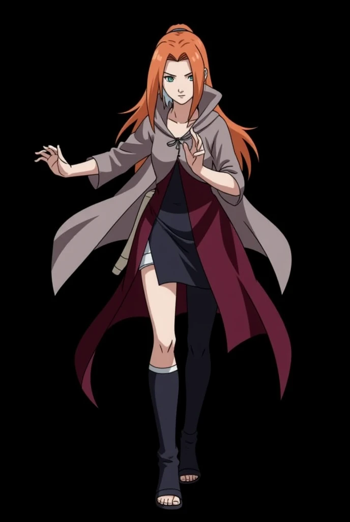 Female character of a   designed for the Naruto Classic universe, in the style of Masashi Kishimoto , Appearance:

Age: 12 anos

Appearance:

hair:  long and flaming ,  with an intense orange tone that seems to shine in the sunlight .  Two white locks high...