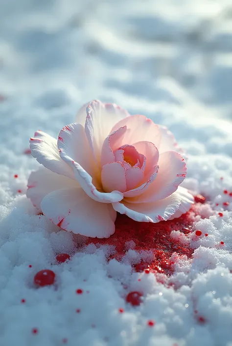 A white camellia stained with blood in the snow