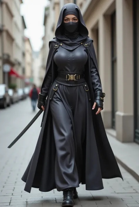 (photorealism:1.2) a girl like ninja around age 15, Muslim niqabis close her face, wearing tech cloak, slim body, holding katana, cyberpunk, walking toward camera