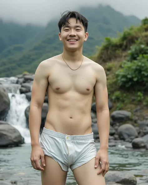   Handsome asian man 20 years old wearing shorts in smiling pose,   Big smile  , happy  ,   cinematographic effect depth of field   , ((whole body))  faces facing the audience ,   closeup  ,   high mountain ,   misty  , Fog  ,  man standing on waterfall , ...