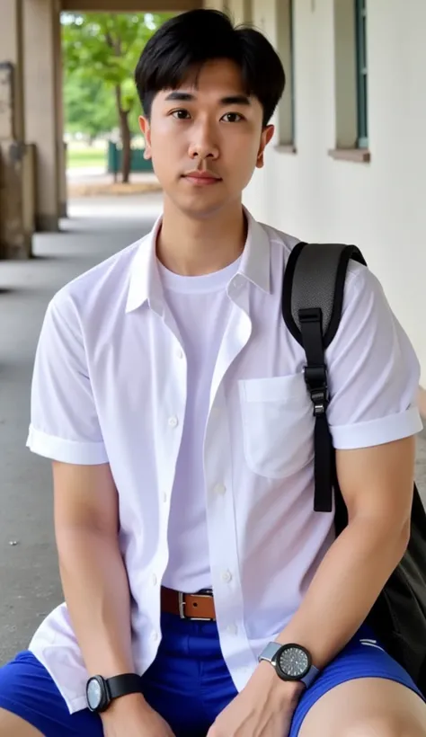 Realistic Portrait, Realistic, Natural Light , 17-year-old handsome Korean man  ,  wearing a short-sleeved white shirt with a right pocket, There is a white t-shirt inside ,Banned from folding sleeves , Neat Buttoned , Cobaltblue , dark blue shorts ,  brow...