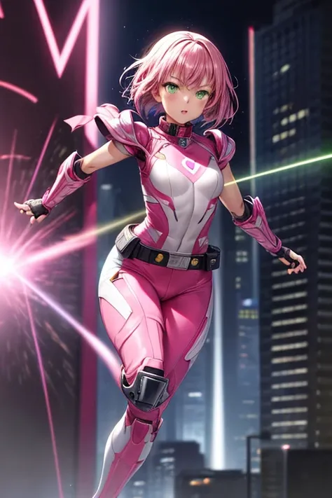 ((best quality)), ((masterpiece)), (detailed), 1 girl, 20s, young adult, emerald eyes, short pink hair, bangs, kuudere, black collar, tall, slim, athletic, pink details, black fingerless gloves, pink wristbands, nanotech speedster suit resembling light arm...