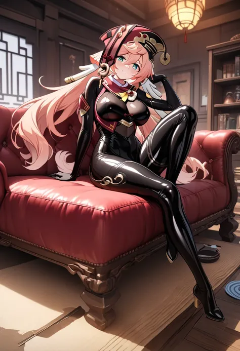 8k, masterpiece, best quality, ultra detailed, Ultra-high resolution, Highly detailed CG, break, 1girl, YanFei\(genshin impact\), kawaii, nsfw, big breasts, slender, (latex bodysuit:1.2), full body, indoors, sitting on sofa
