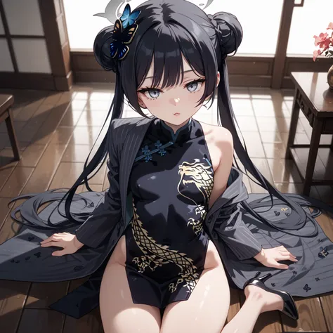 kisaki, grey eyes, black hair, hair bun, double bun, twintails, butterfly hair ornament, halo, china dress, black dress, sleeveless dress, dragon print, grey coat, vertical-striped coat, single off shoulder, black gloves, black high heels, thigh gap, gloss...