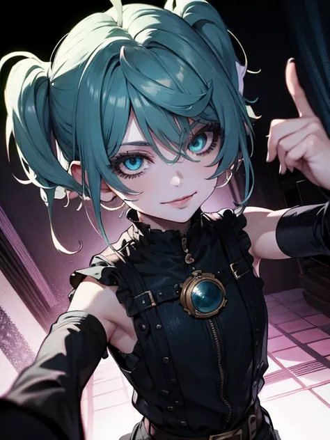 1girl, little brat, cute, punk, gothic, blonde hair, short hair, asymmetrical bangs, sidelocks, twintails, two side up, blue hair streaks, perfect face, eyeslashes, eyeliner, light blue eyes, detailed eyes, aviator sunglasses, sunglasses on head, belt chok...