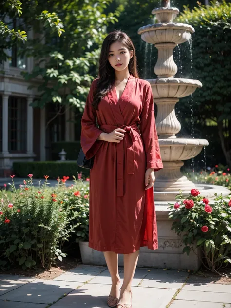  next to a young girl wearing a red flag robe ， tall，Big ， looking at the camera，Precise focus to face ， standing in a garden ， with a fountain and red roses