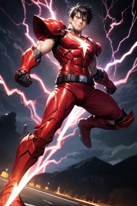 ((best quality)), ((masterpiece)), (detailed), 1 man, full body, 30 years old, short hair, black hair, brown eyes, soul patch, black neck, very muscular, very large , red armor, 2 large tubes, transparent electricity tubes on the chest, large red gloves, r...