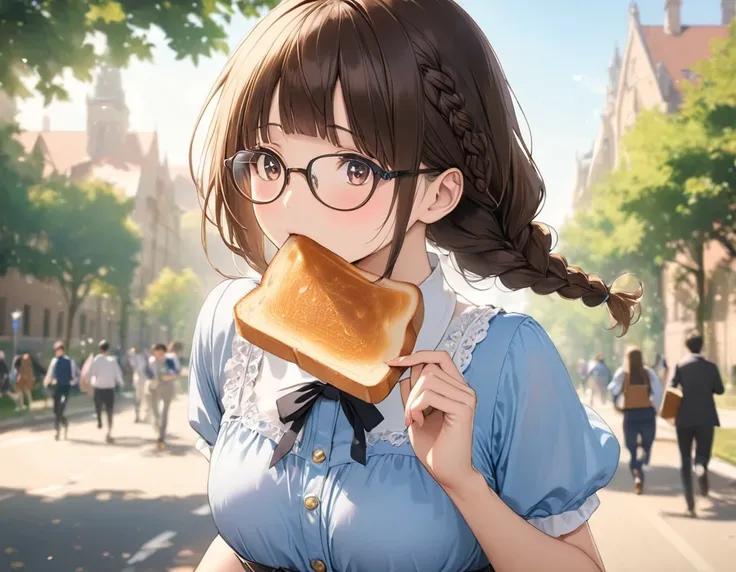   anime style、Ultra-fine,    high detail,    Masterpiece,   1 girl wearing glasses and braids 、I have a stray hair、 running around the university campus in a hurry with toast in her mouth、 in a dress、Serious and cute 、 European-style college campus 