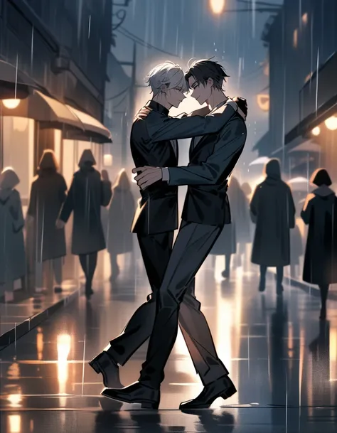 White haired handsome young man, dark wit black tired eyes and has long eyelashes. Dancing in the rain, The atmosphere is cloudy, rainy and the streets are quiet, the background is blurred.