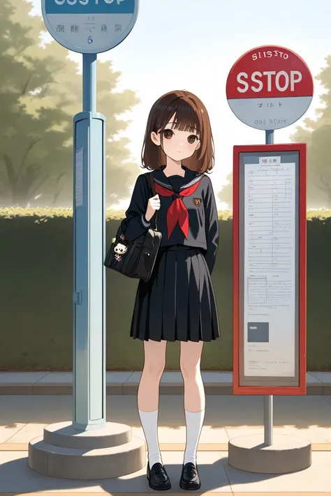 Anime Beautiful young girl around 16 or something, slim, long dark brown hair, bangs, big brown eyes, wearing school uniform, black shose, standing on the busstop,  full body picture, wearing black school bag kitty keychain hanging with bag.