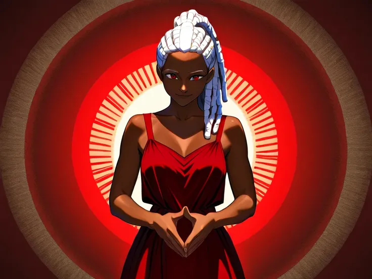 Woman with tanned skin and white hair posing with her hands together in front of her body, wearing a dress with a neckline on the back, black and red dress, dreadlock style hair,  ponytail style hair ,  corpo Atlético, soft smile, highlighted lighting ,  V...