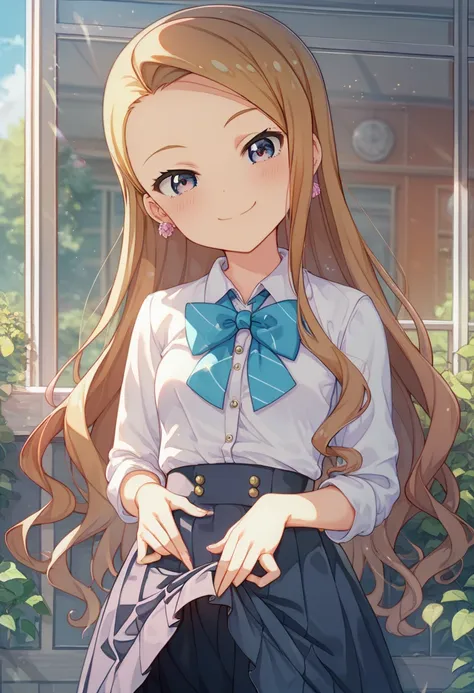 Minase Iori、 tea hair、 long hair、 small breasts、 , natural smile 、､【Image Center,   Perfect Limbs ,  perfect anatomy,(((Schoolの制服))、School,glass,, lift the skirt