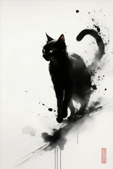 Ink painting、A dynamic cat drawn with a brush