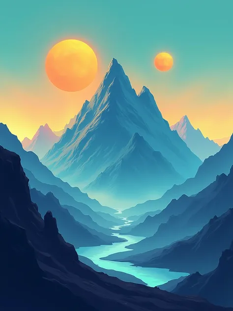 A Minimalist illustration of an Off world mountains.With blue, teal gold and orange palette. another world video game style. Two suns.