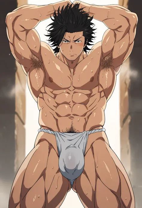 masterpiece,best quality,amazing quality,very aesthetic,Yami Sukehiro,newest,Volumetric Lighting,from front,1boy,solo,male focus,manly,(shiny dark skin), black hair, brown eyes,stubble, facial hair, ,(completely naked),wet white wet fundoshi only,big bulge...