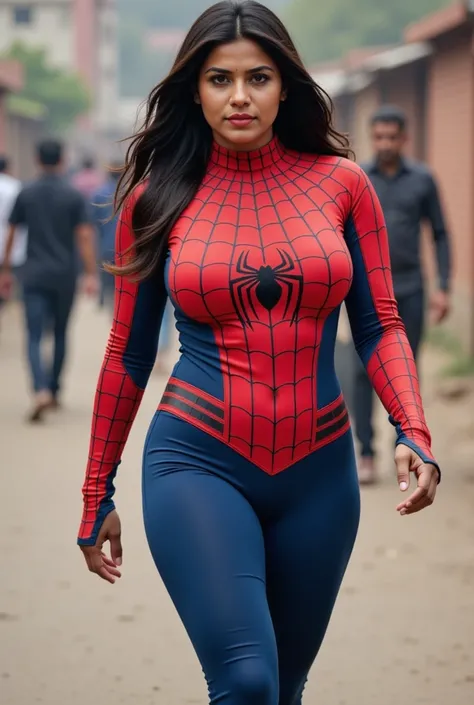 A woman from the country of india wearing a Spiderman costume with big, dense breasts is walking somewhere, don't get too close to the camera