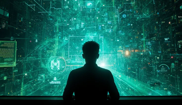 An abstract and captivating scene of a human silhouette contemplating a vast digital landscape filled with AI-powered systems, glowing circuits, and machine learning algorithms in motion. The image should convey a sense of futuristic technology blending wi...