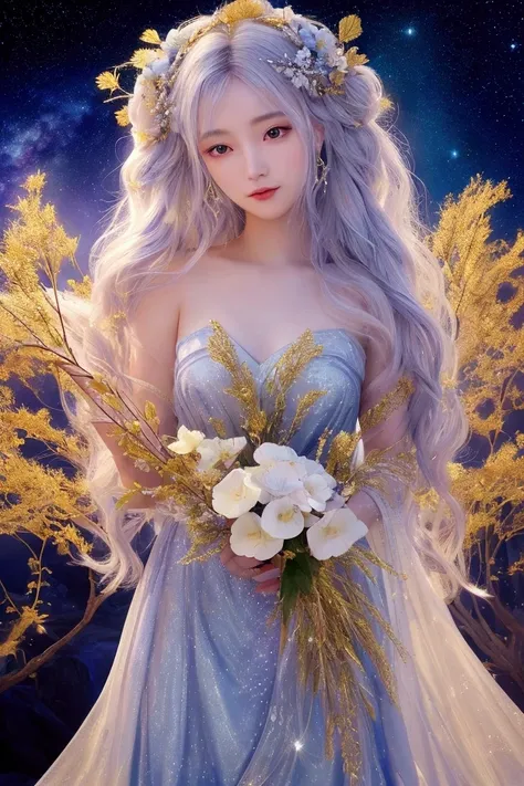 A celestial representation of Virgo, embodied as a radiant, ethereal woman with flowing silver hair that cascades like stardust. She stands gracefully amidst a vast cosmic landscape, her figure adorned in a shimmering gown made of constellations, glowing s...