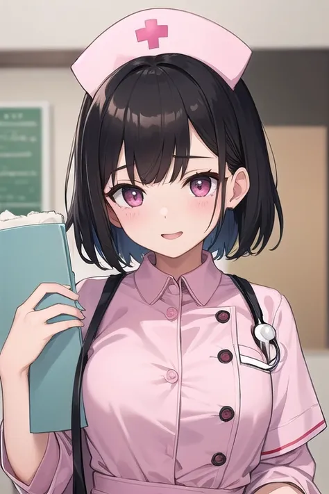 (( best quality)), ((Masterpiece)), (  Details), 1 Girl。  black hair short hair。 split bangs。  nurse cap。  Nurse。Pink lab coat。 Happy。 holding medical records 。