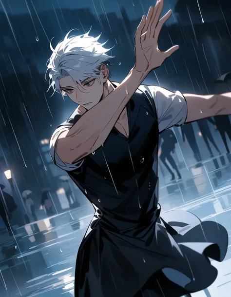 White haired handsome young man, dark wit black tired eyes and has long eyelashes. Dancing in the rain alone, ballet, The atmosphere is cloudy, rainy and the streets are quiet, the background is blurred. Dramatic lightening.