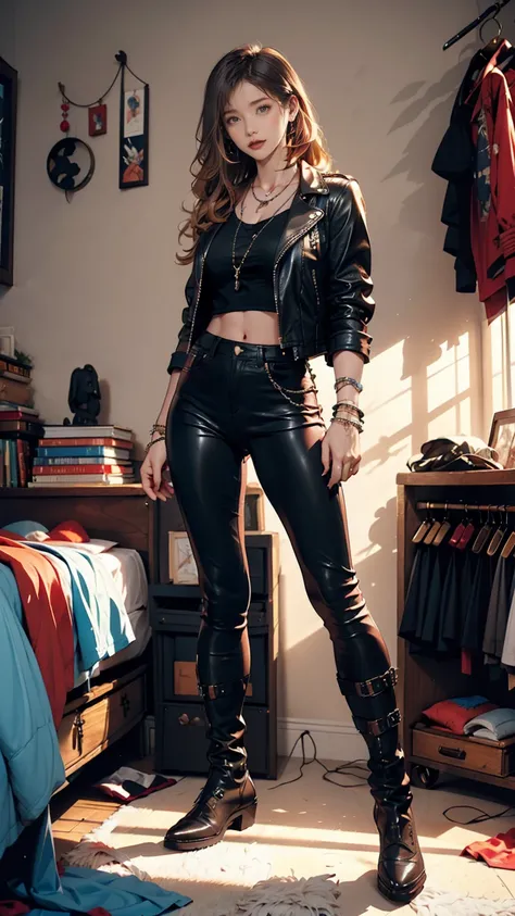 mouth,  girl , Lonely,  in a messy room, guitar, 、 spike color 、 24-year-old white woman 、 sexy proportions、 punk rock fashion、 black shirt 、 leather jacket、Leather shin guards、 gorgeous makeup、 long hair、 Rosary Necklaces 、Rosary Earrings、Wearing pointed ...